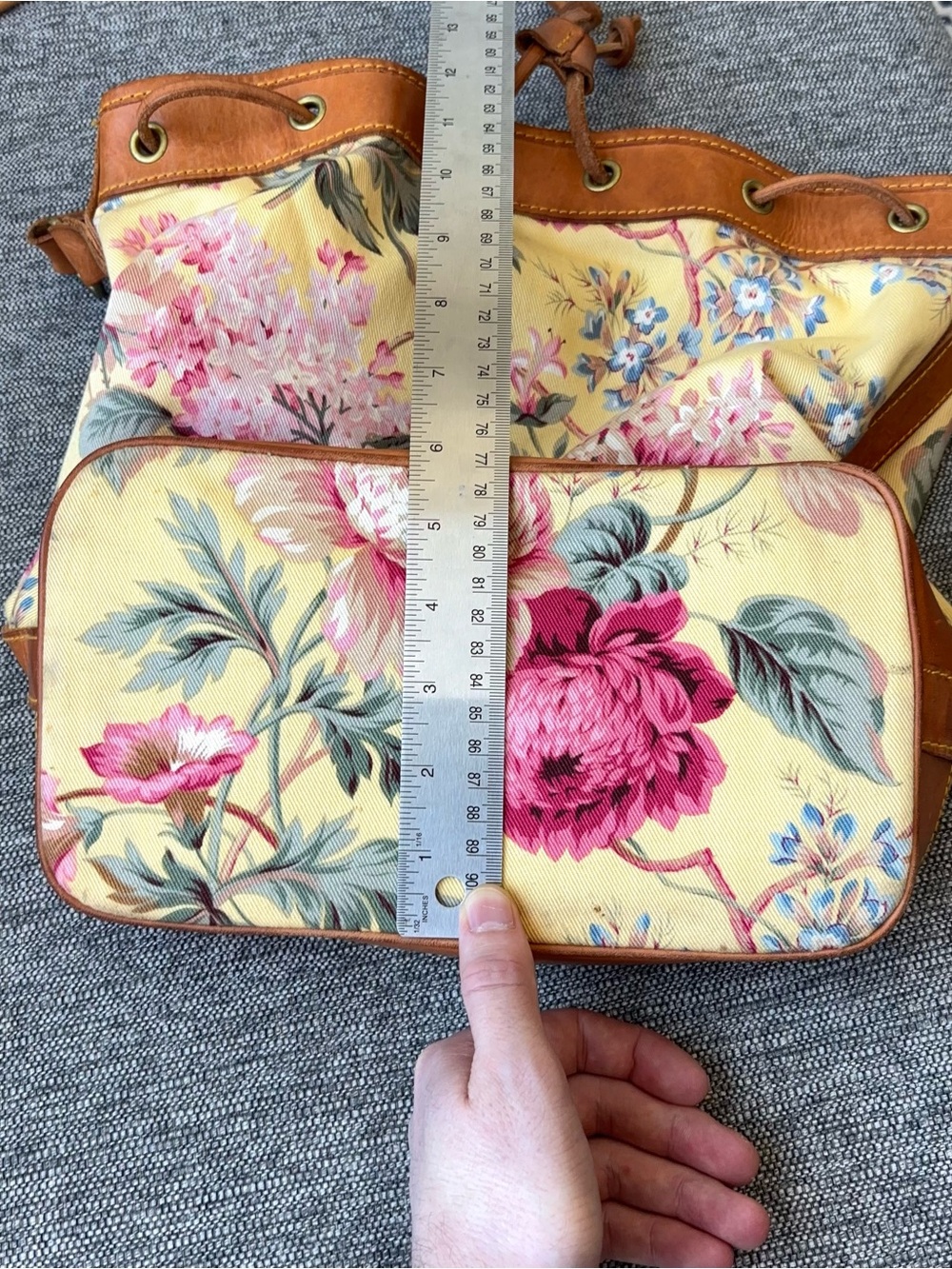 Vintage 80s Ralph Lauren Yellow Floral Drawstring Bucket Bag Leather Canvas Tote - Picture 14 of 15